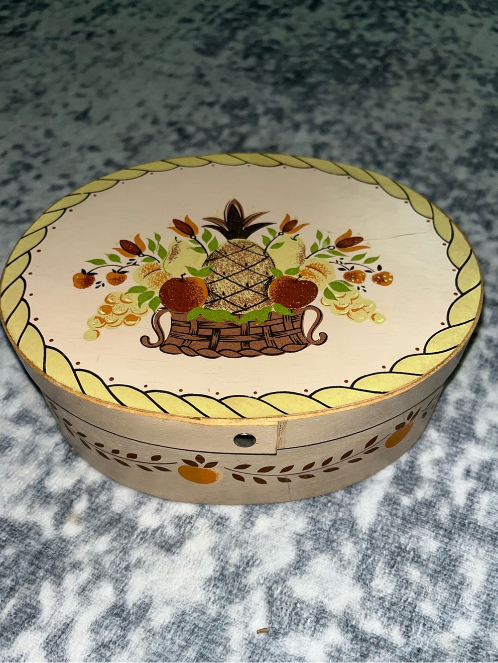 Vintage 1983 Hand Painted Folk Art Tole Trinket Box Fall Autumn Cornucopia VGUC